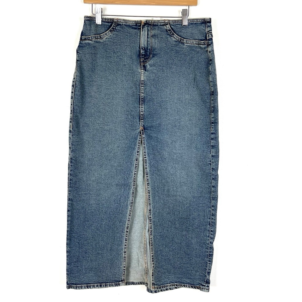 H&M Divided Blue Denim Front Slit Midi Skirt Womens 8 Medium Wash Y2k Casual